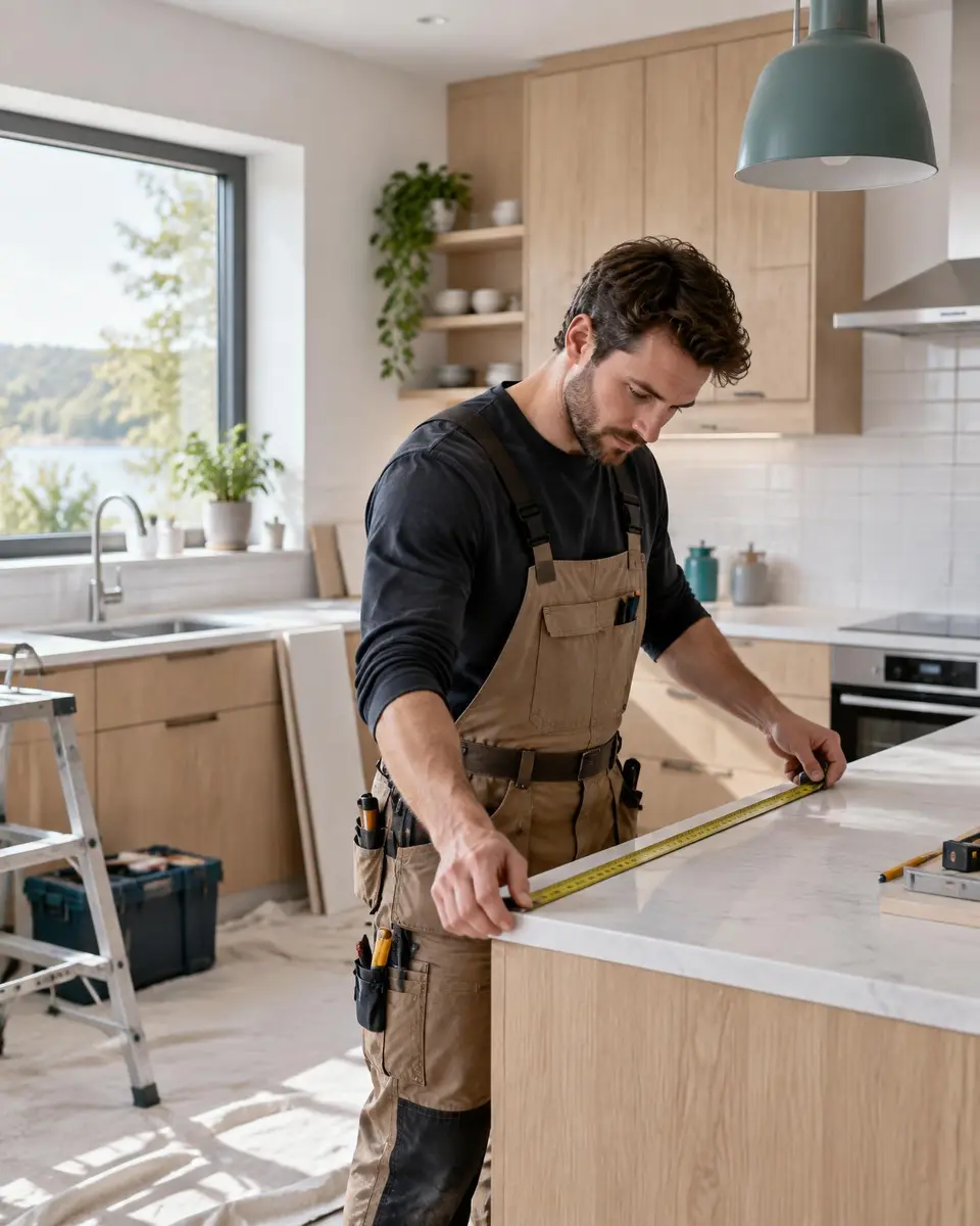 Hantverkare som mäter upp en nyrenoverad köksbänk
